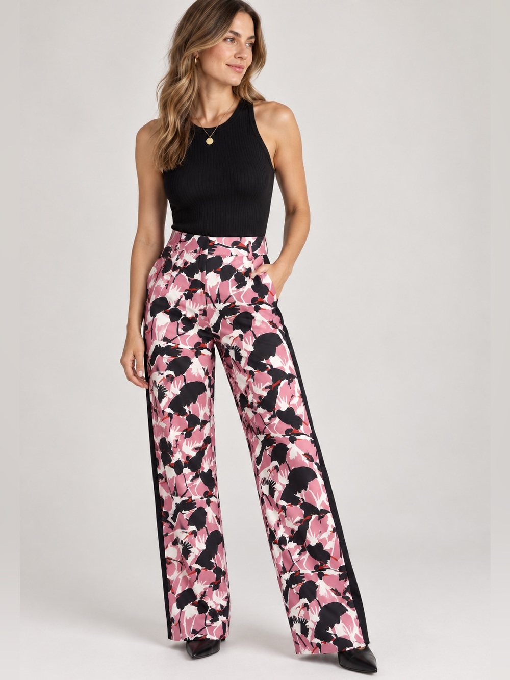 Ted Baker Crane Print Wide Leg Pants Size 1 US 2 Pink Black Side Stripe